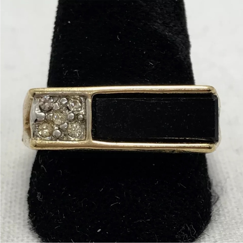 Vintage  18K Gold Plated, Black Onyx & Crystal's Ring sz 8
